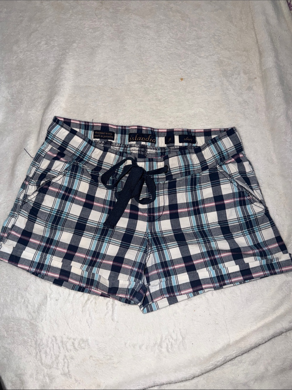 Plaid Drawstring Shorts in Navy, White & Pink